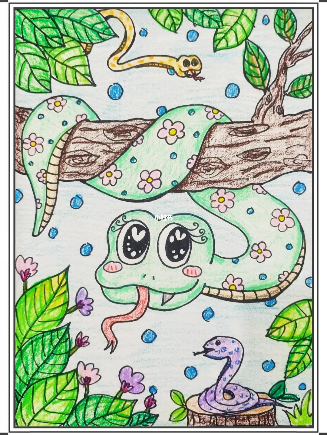临摹#夏日滤镜  #儿童画  #创意儿童画  #临摹  #蛇  #彩铅  #蜡笔画