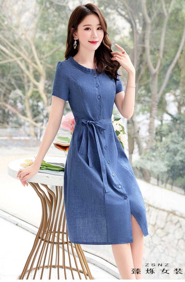 夏季短袖连衣裙女30-40岁夏季棉麻连衣裙女装2020年新款夏天修身30岁