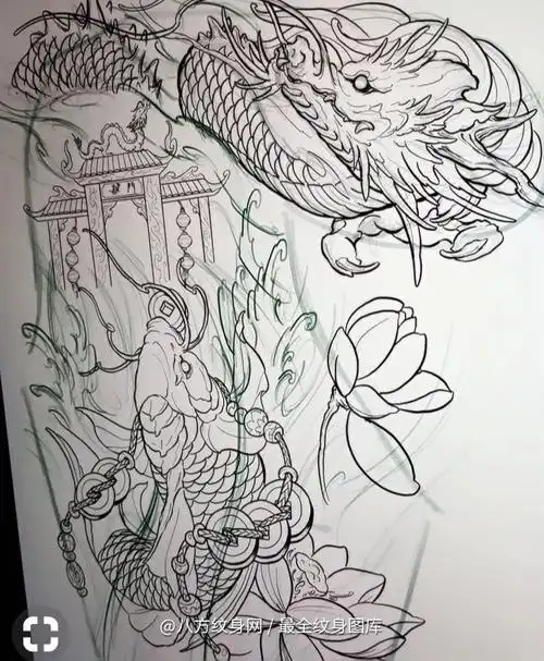 传统大图半胛鲤鱼跃龙门纹身手稿图案参考 (248)