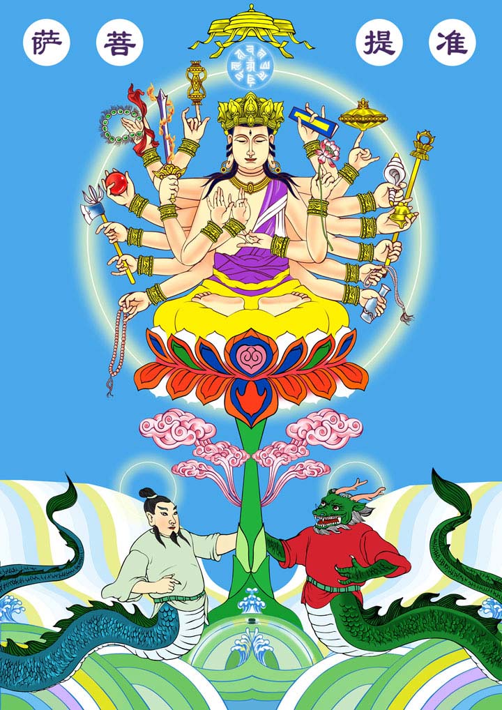 准提菩萨的画像下面有2个人,有的画成一个人面一个