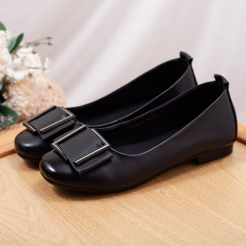 女士工作鞋黑色真皮皮软防滑舒适平跟平底单鞋单鞋