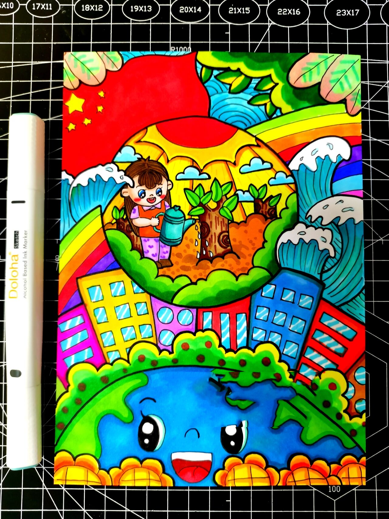 儿童画|《绿色地球》|环保主题 96马克笔:多乐绘马克笔 颜色妥妥的