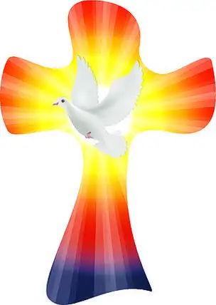 孤立的矢量基督教十字架与鸽子在日落或日出背景与光线.和平符号