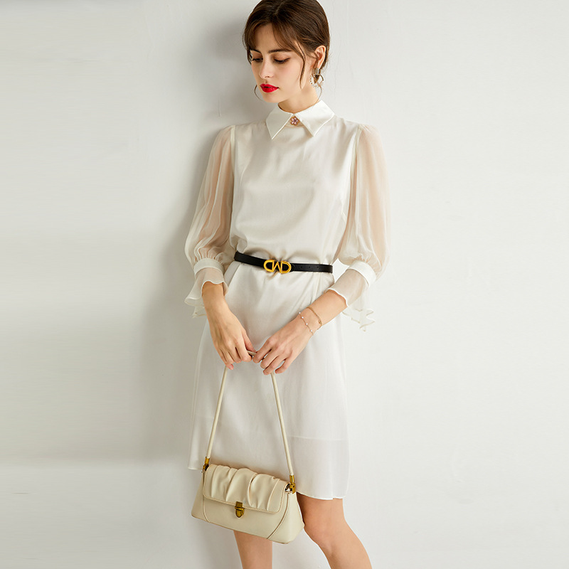 真丝连衣裙夏2024新款纯色年轻款显瘦白色仙气飘飘重磅高腰a字裙