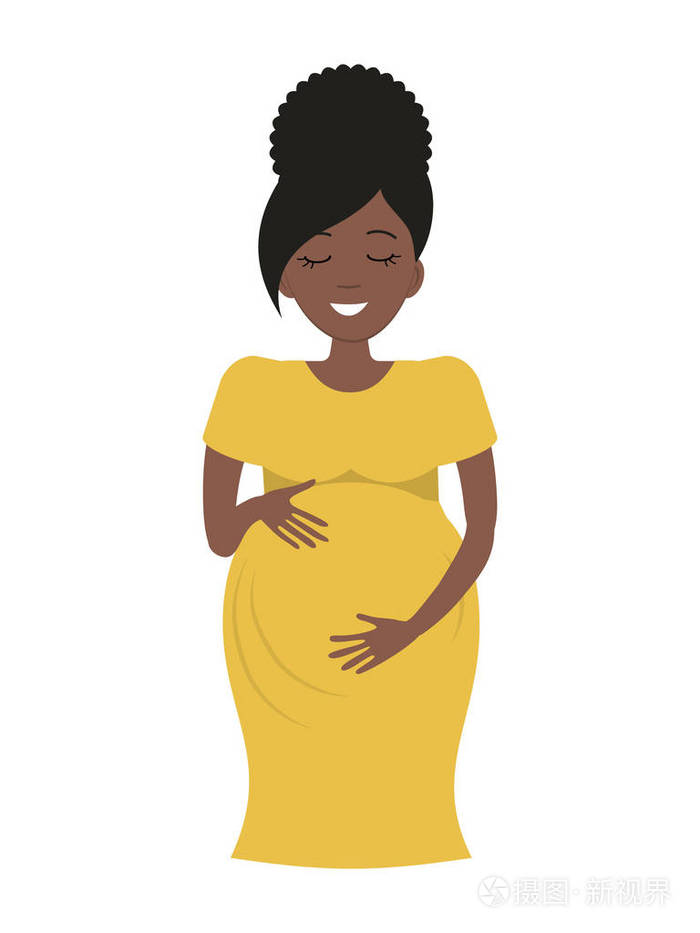 一个微笑的黑人女人把手放在她的肚子上.卡通风格中的矢量插画