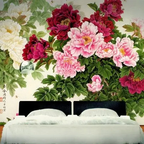 臻心家居3d立体大型壁画壁纸沙发背景墙富贵花开牡丹画环保墙纸