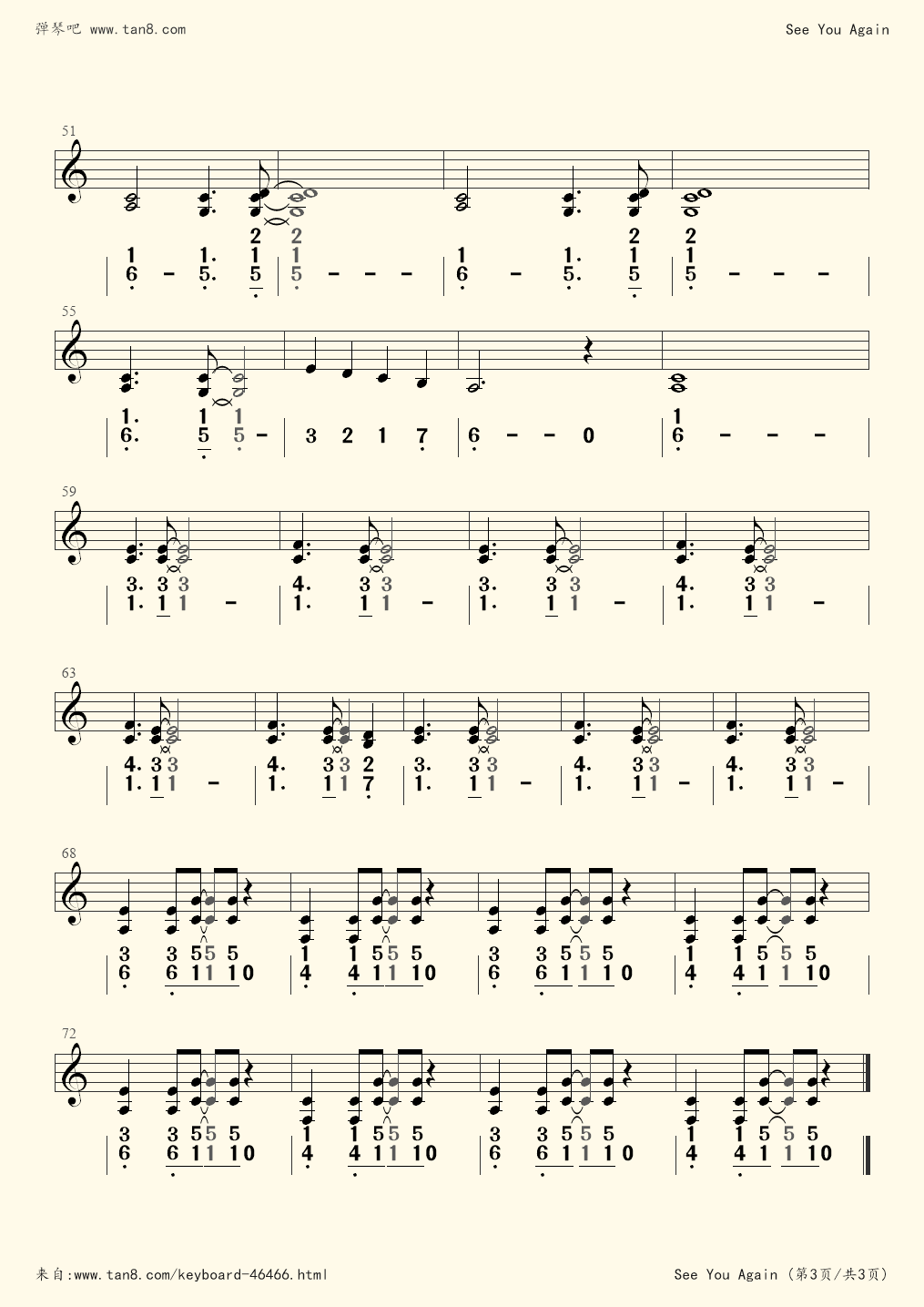 电子琴谱seeyouagain乐队伴奏