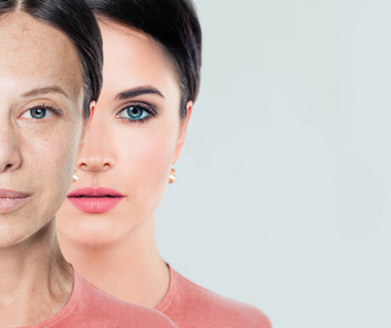 老龄化晚婚年轻和年长的女人.老龄化和青年概念.前后, 青春和晚年.