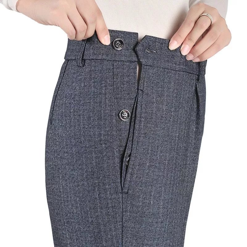 苜戈春夏灰色旁开扣直筒裤老式侧开口裤子女西裤老年女裤 灰色 春夏款
