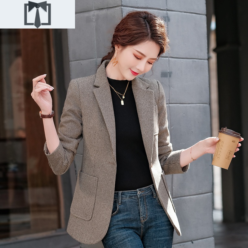 suntek格子西装外套女秋冬加厚千鸟格上衣韩版修身休闲高级感炸街小