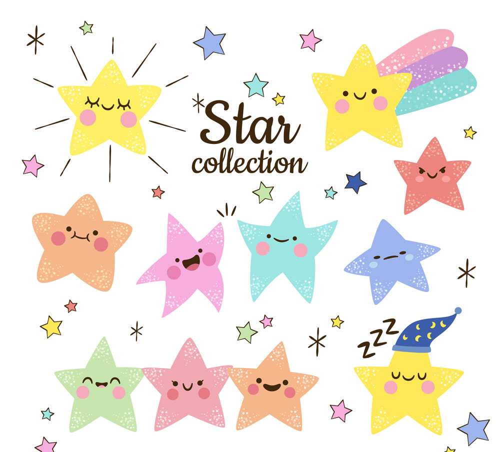 11款彩绘可爱表情星星矢量素材_矢量卡通_懒人图库