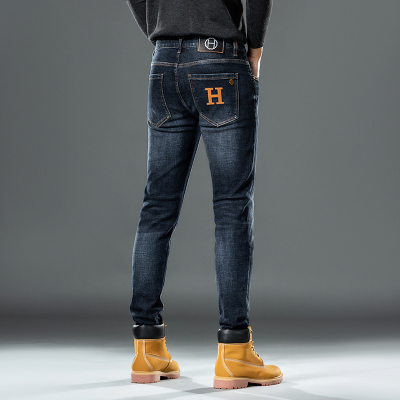 h家奢侈品牌牛仔裤男欧洲站高端刺绣小直筒弹力裤子直播带货跨境