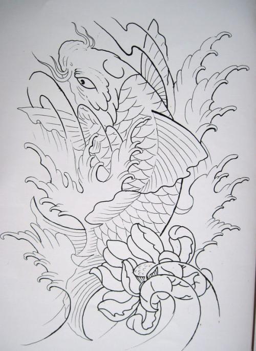 唐门刺青锦鲤纹身手稿 流灵纹身锦鲤简笔画锦鲤