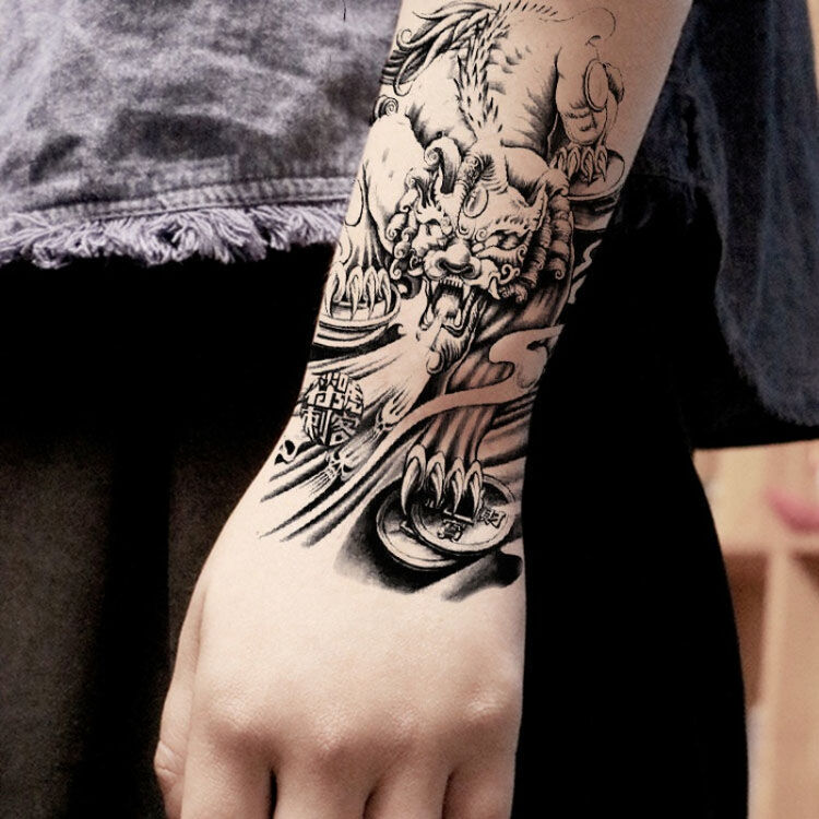 妙微熊麒麟貔貅穷奇纹身贴防水男花臂半臂手臂仿真刺青贴纸买 两张