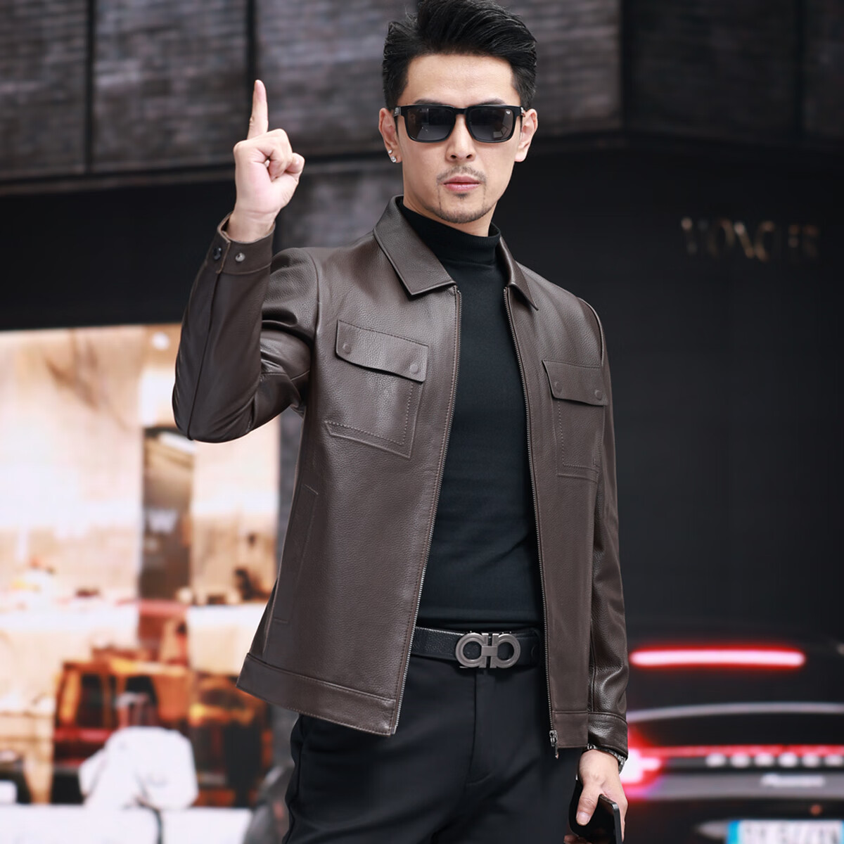 dan春秋新款真皮皮衣头层绵羊皮米粒纹翻领短款夹克 z2321咖色(单款)