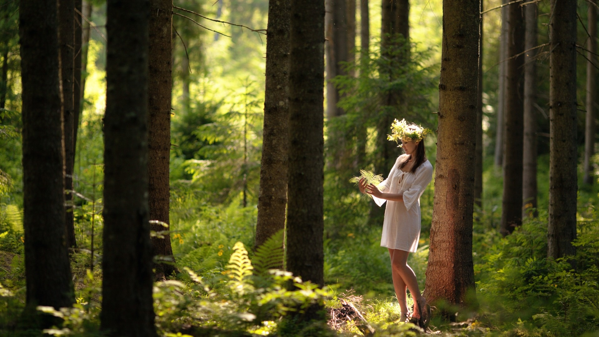 女孩白色裙子花圈森林唯美意境桌面壁纸壁纸