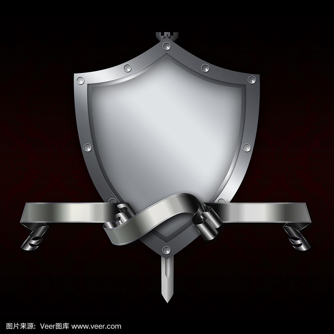 带有剑和银带的中世纪盾牌.