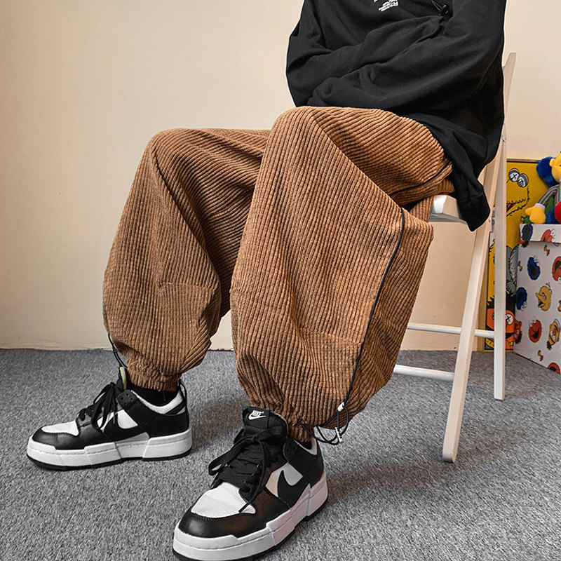 棕色灯芯绒工装裤男春秋古着vintage裤子高街ins潮束脚休闲灯笼裤