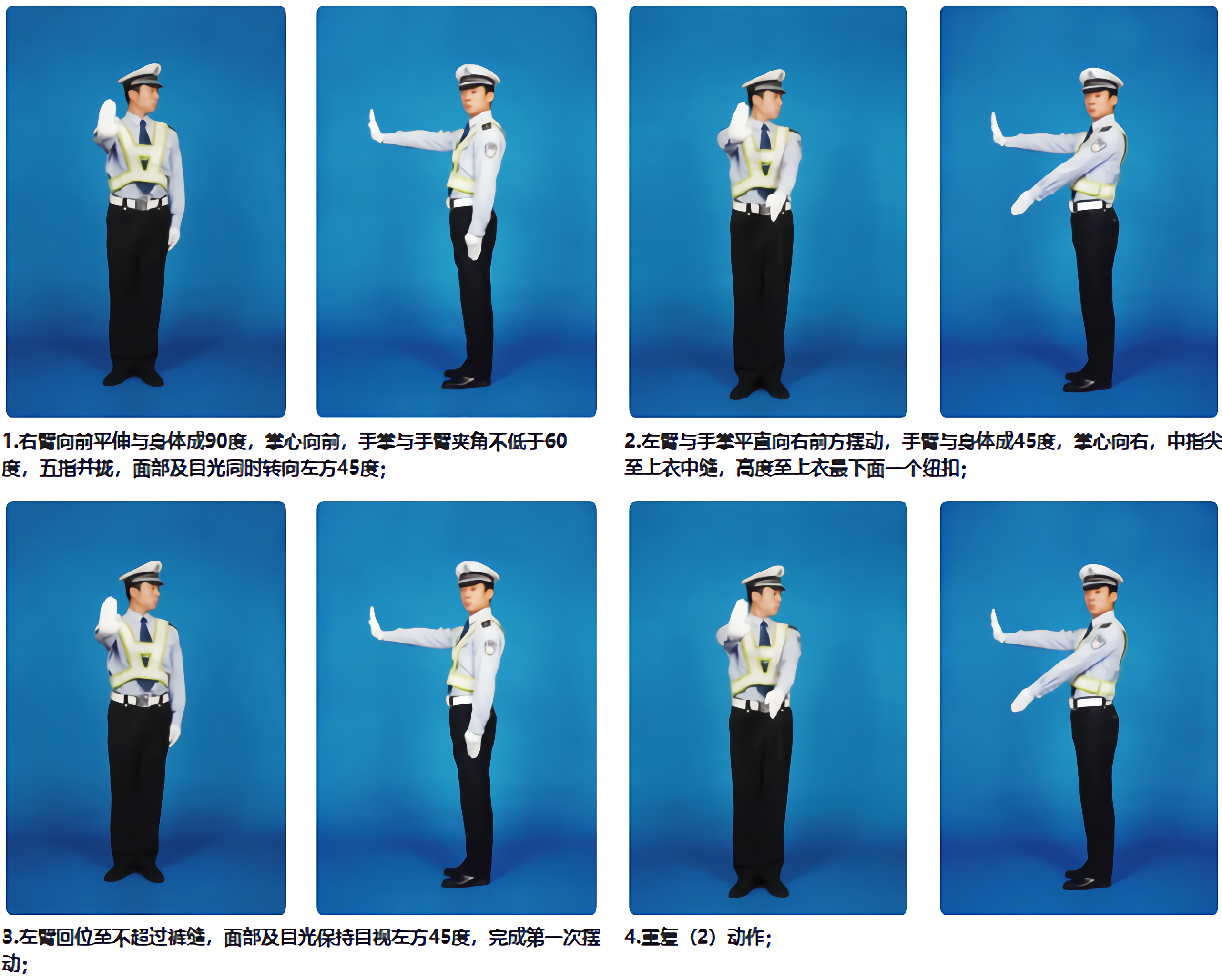 不准前方车辆通行停止信号我国目前现行的交通警察手势信号主要有八种