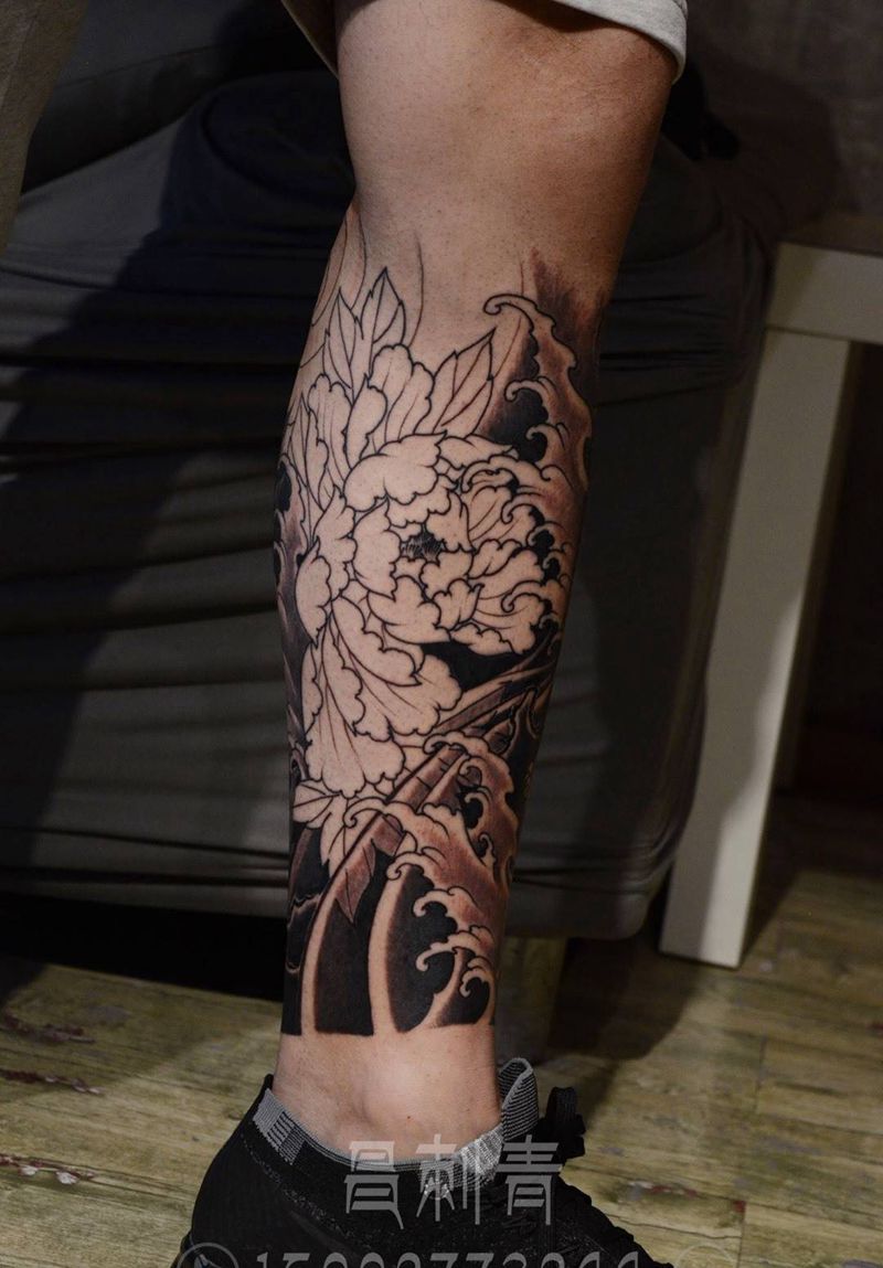 牡丹包小腿纹身图片成品脚部腿部传统动物原创静物植物国画纹身图案