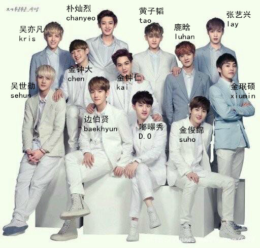 exo成员资料及图片,就是合照,每人头上写着中文名.