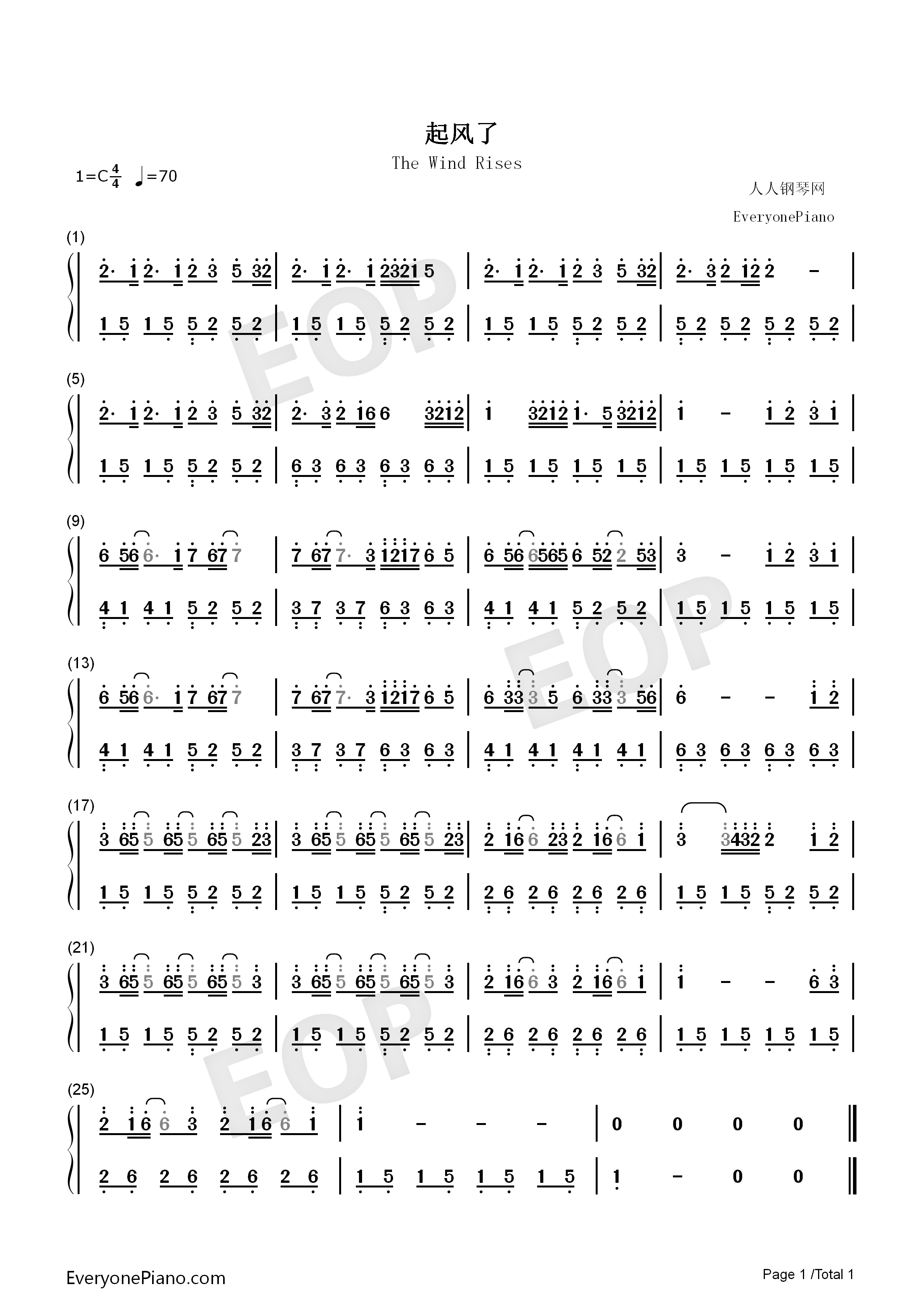 起风了-好听简单版-钢琴谱文件(五线谱,双手简谱,数字谱,midi,pdf)