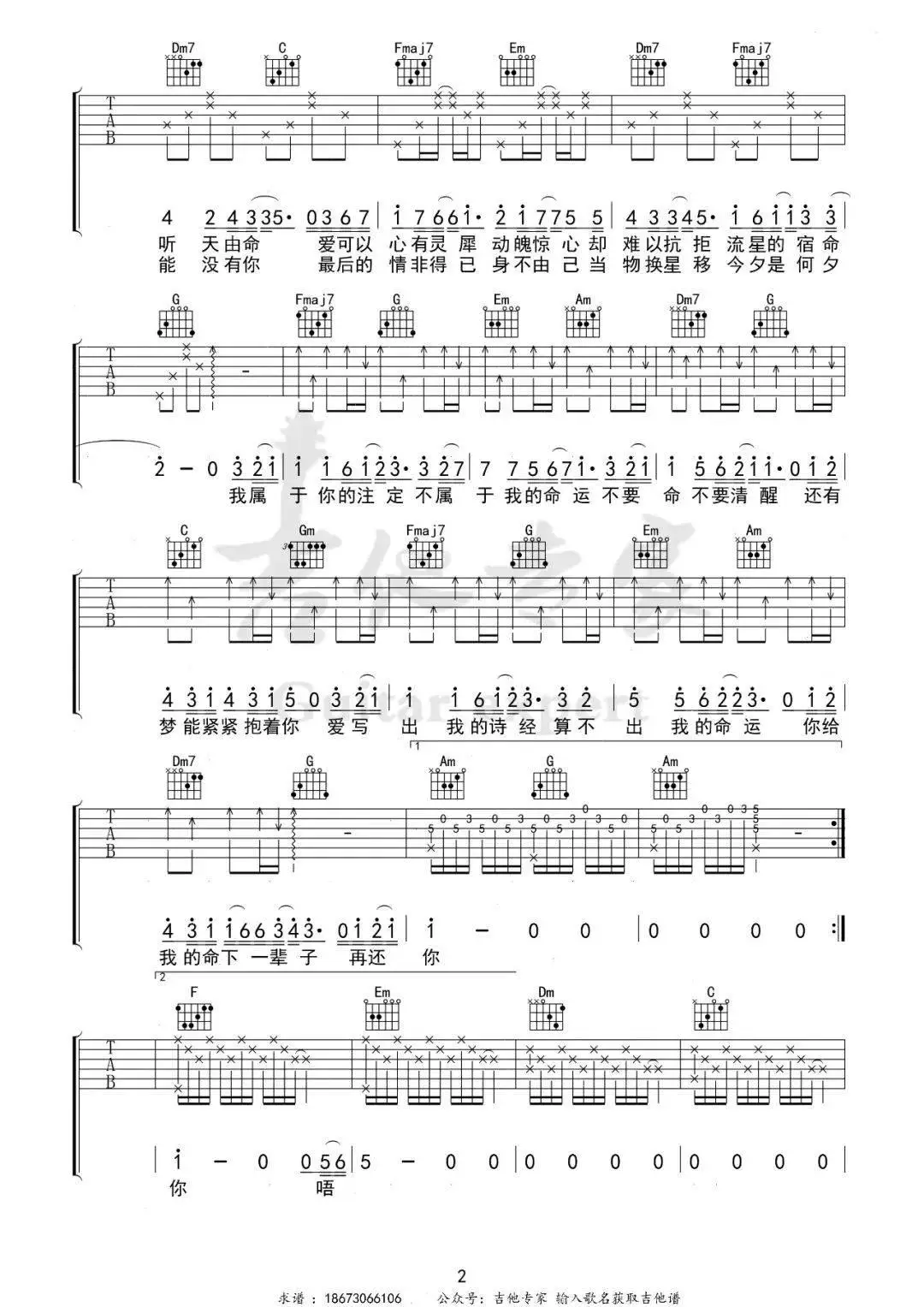 命运c调吉他谱家家