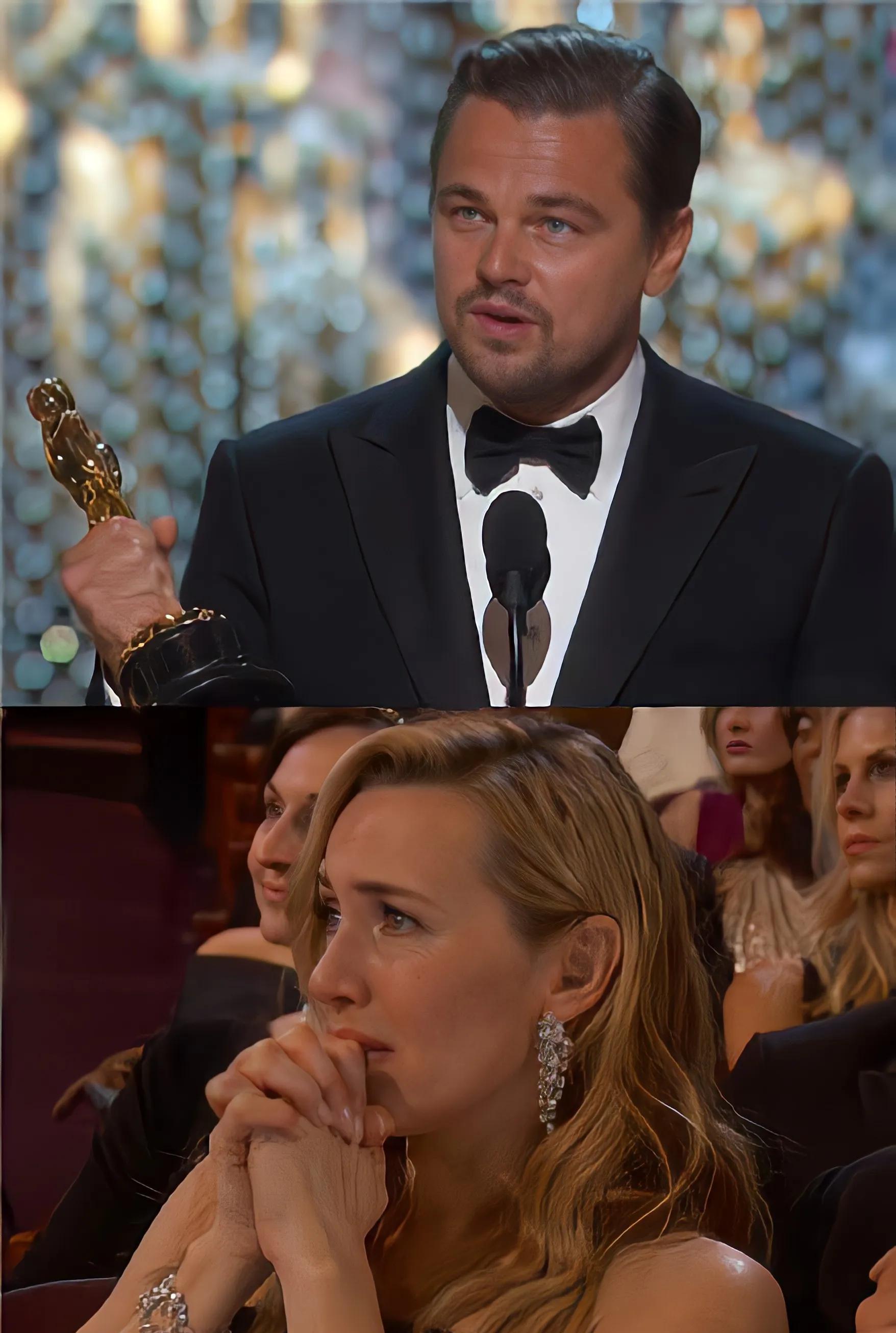 获得奥斯卡的那一刻,莱昂纳多得偿所愿,台下的红颜知己也为他的不易