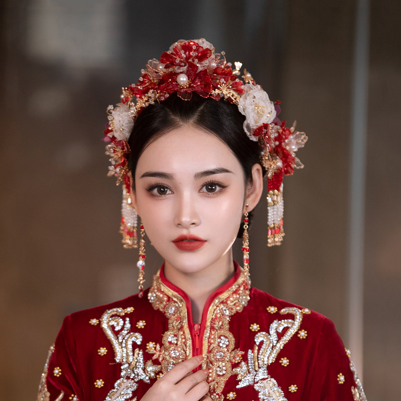中式新娘头饰红色造花液花朵手工古风配饰秀禾服古典古装发饰套装