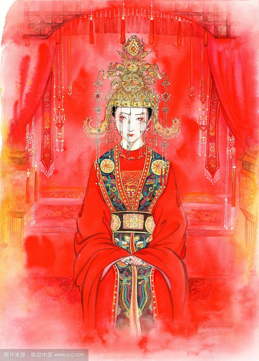 水彩手绘古装仕女:明代新娘