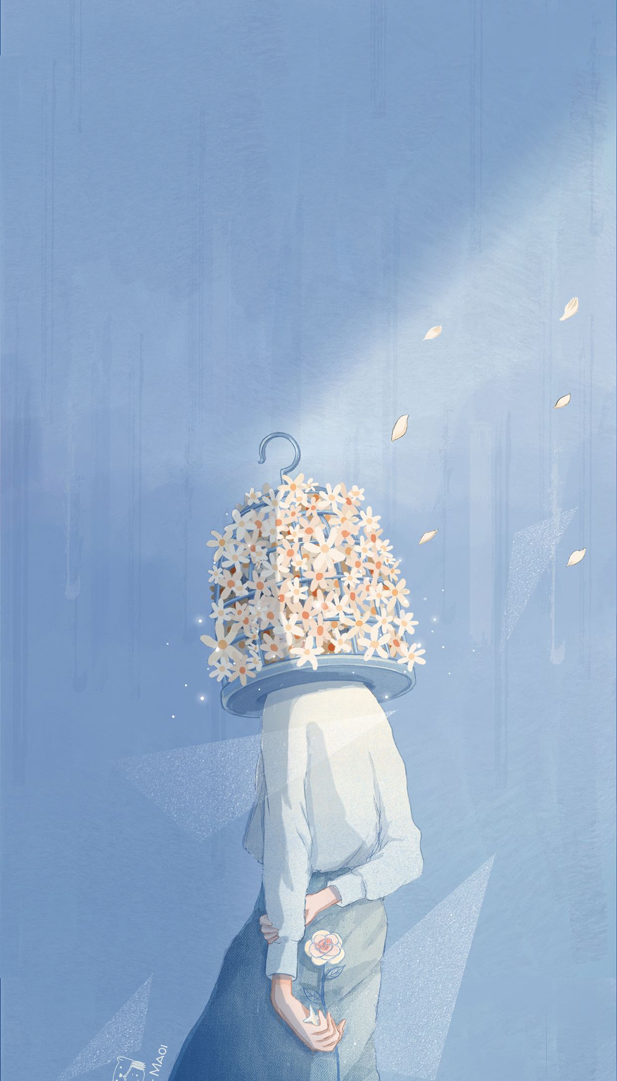 猫矮治愈手绘壁纸(5),简单清新蓝色系插画