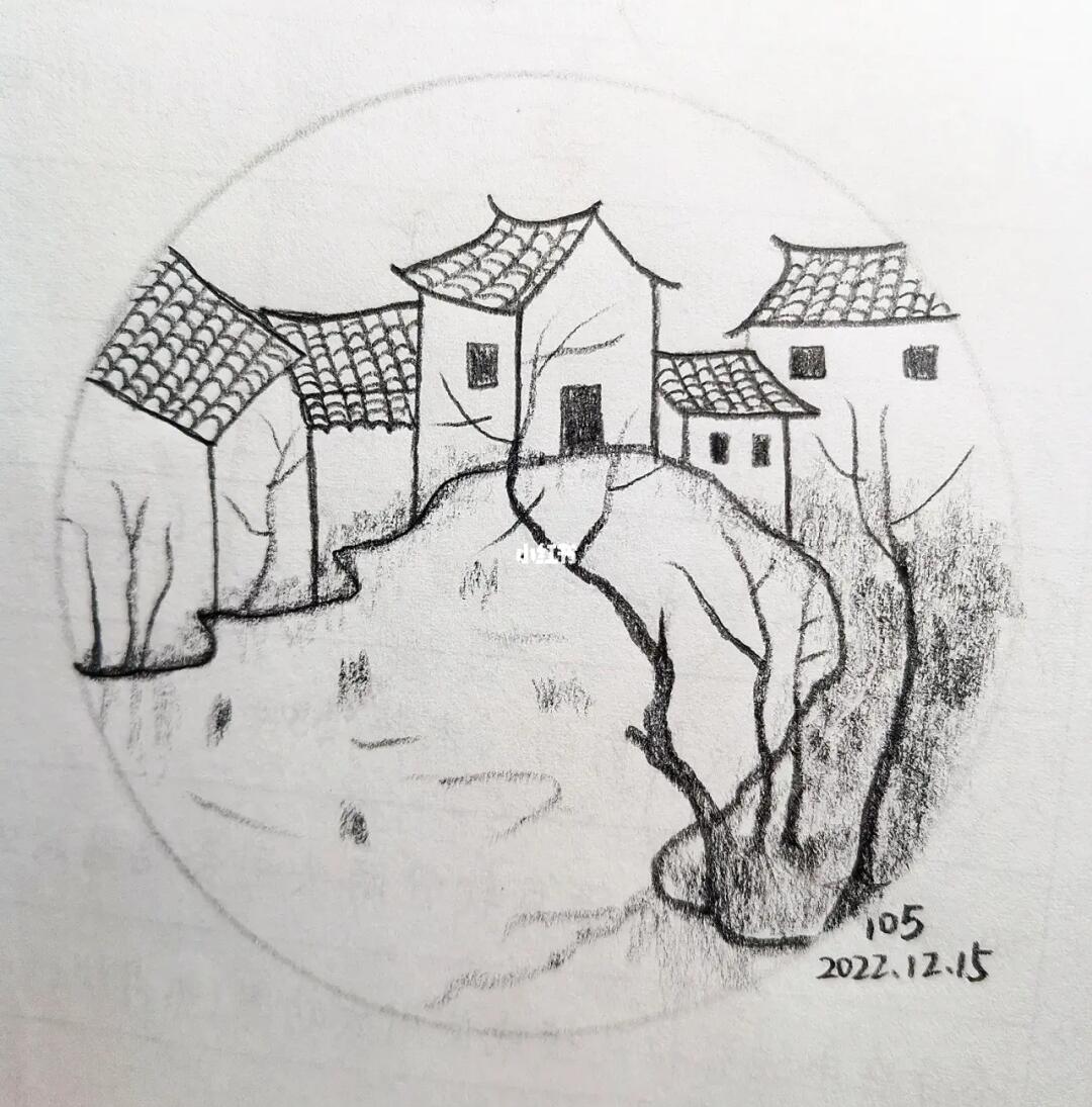 素描风景铅笔画池塘边的小山村