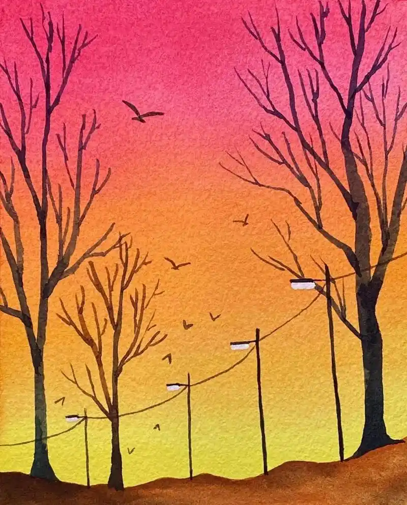 水彩入门风景|绚丽的夕阳余晖详细步骤图 喜欢可以收藏8215点赞