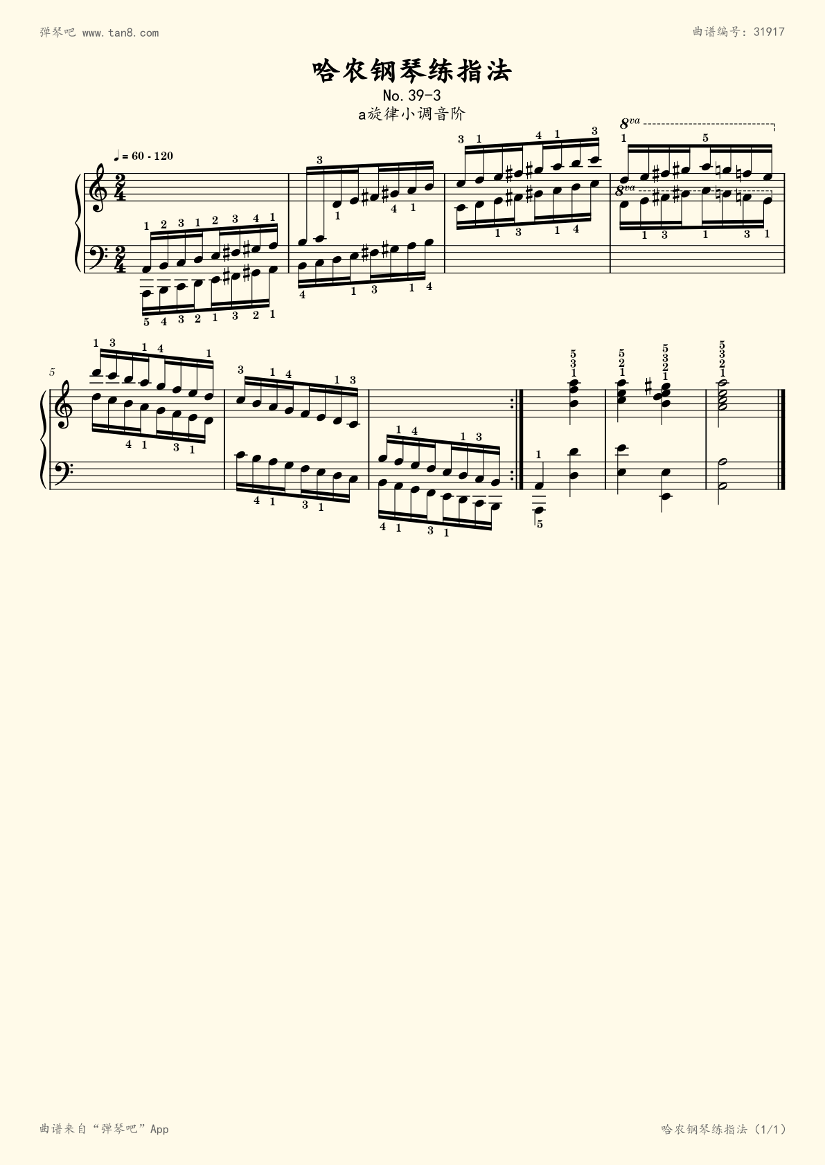 钢琴谱:哈农钢琴练指法39(a旋律小调音阶)