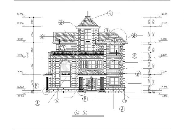 450平米三层框混结构欧式风格独栋别墅全套建筑设计cad图纸
