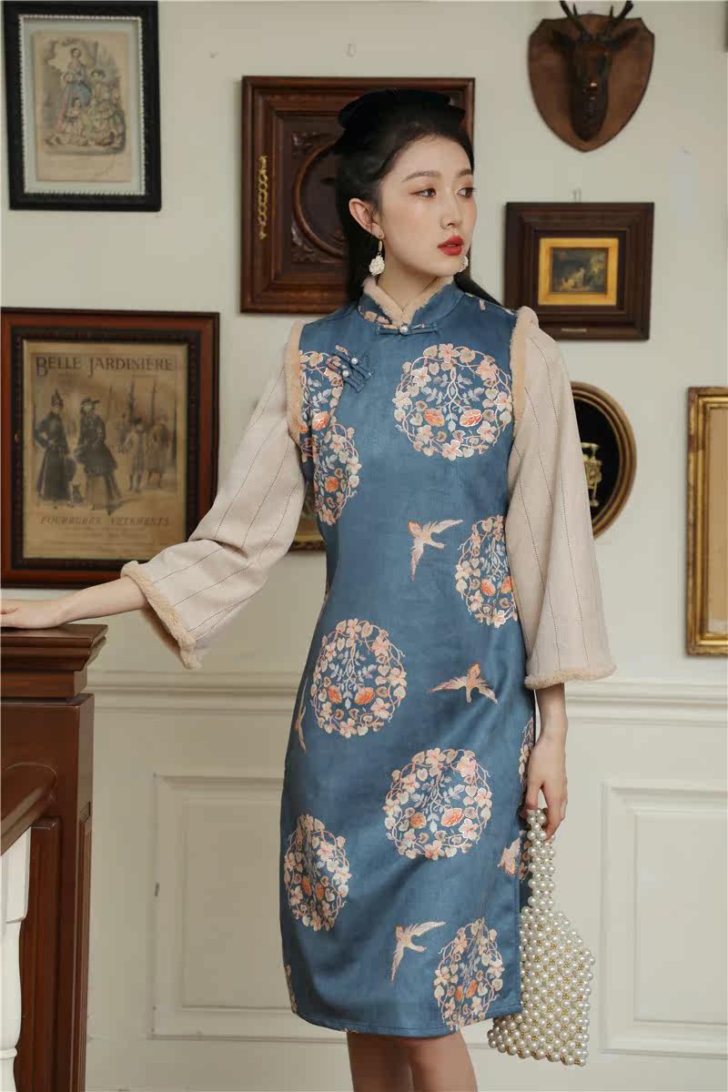 旗袍年轻款中国风少女秋冬马甲民国改良版连衣裙