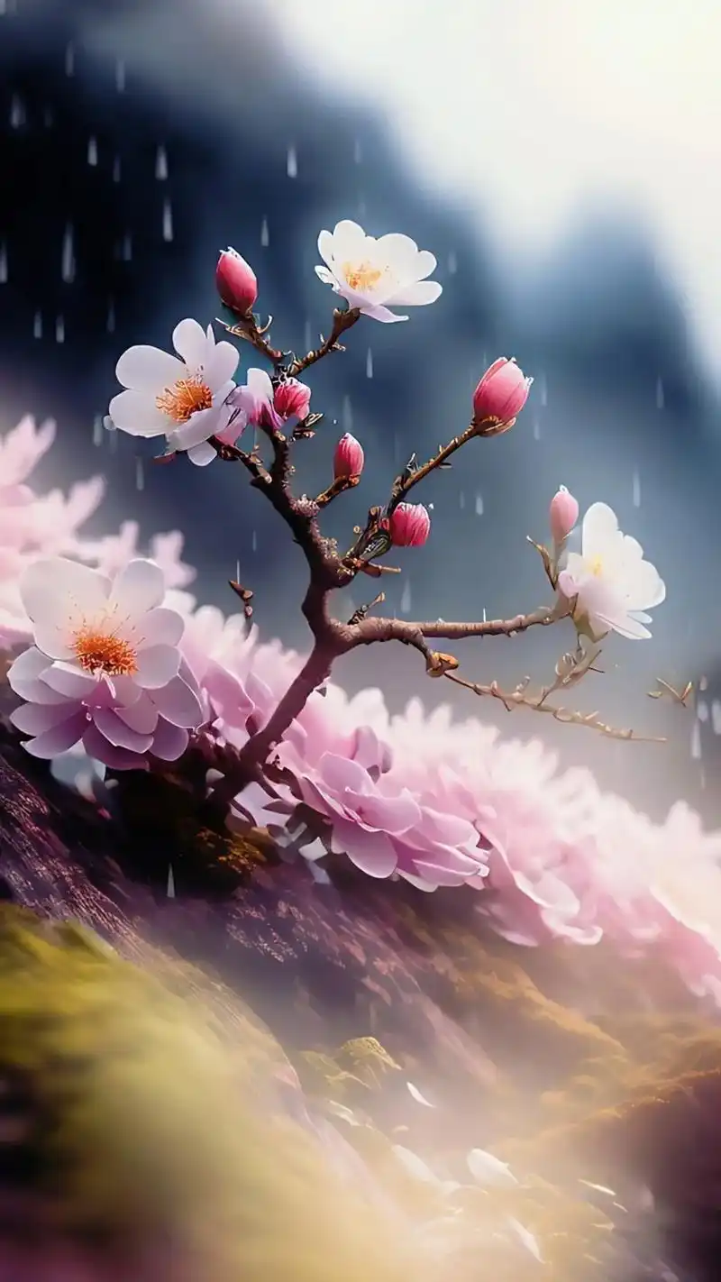 晨曦的阳光照射,生长在岩石上的一棵沾着晨曦雨露的梅花,含苞待 - 抖