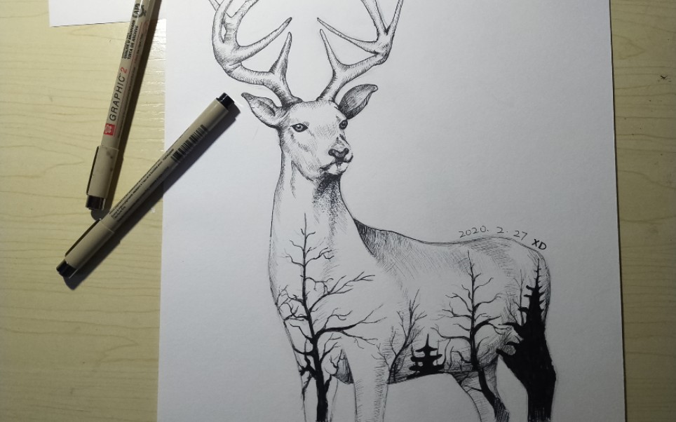 活动  【线描】线描创意画 鹿的手绘过程