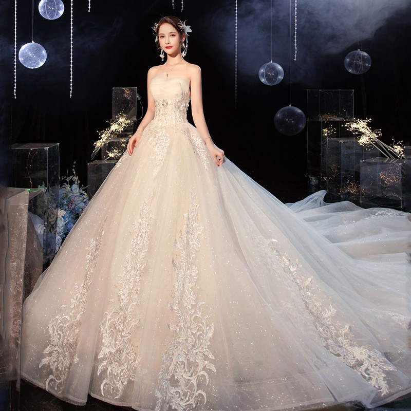 红妆饰佳 抹胸轻婚纱礼服2023新款新娘气质公主风星空简约拖尾主婚纱