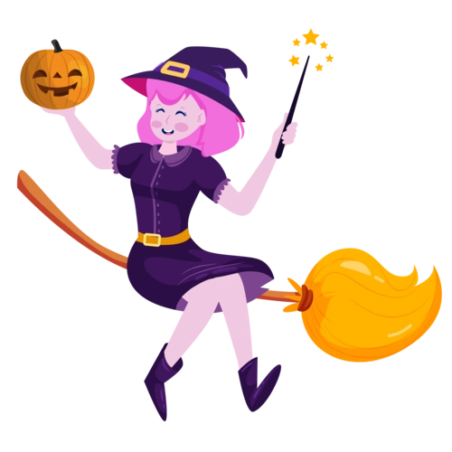 万圣节紫色卡通女巫坐在扫把上