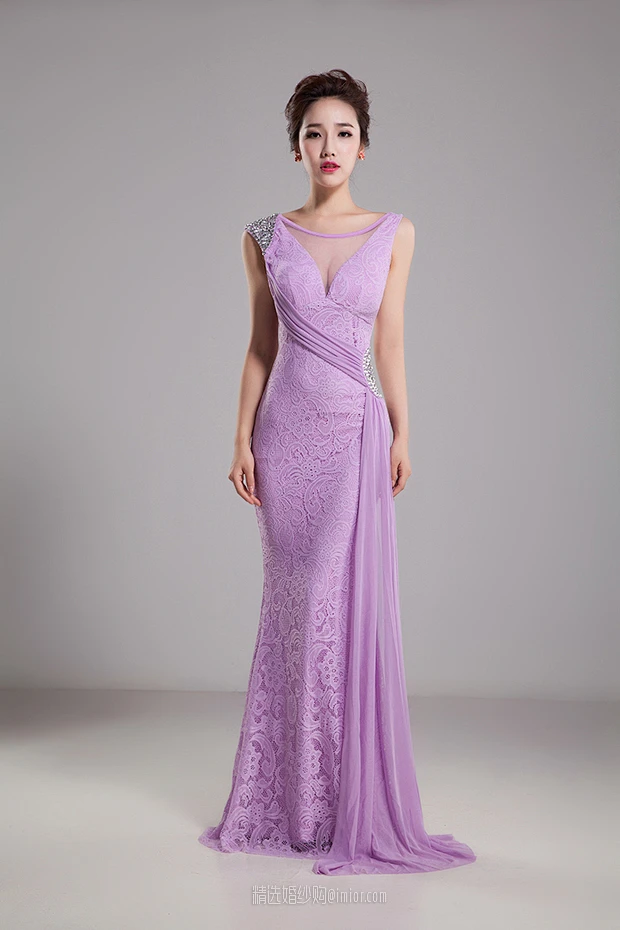 com]依纱不舍 淡紫色蕾丝包肩深v性感修身鱼尾长款新娘敬酒服【购买请