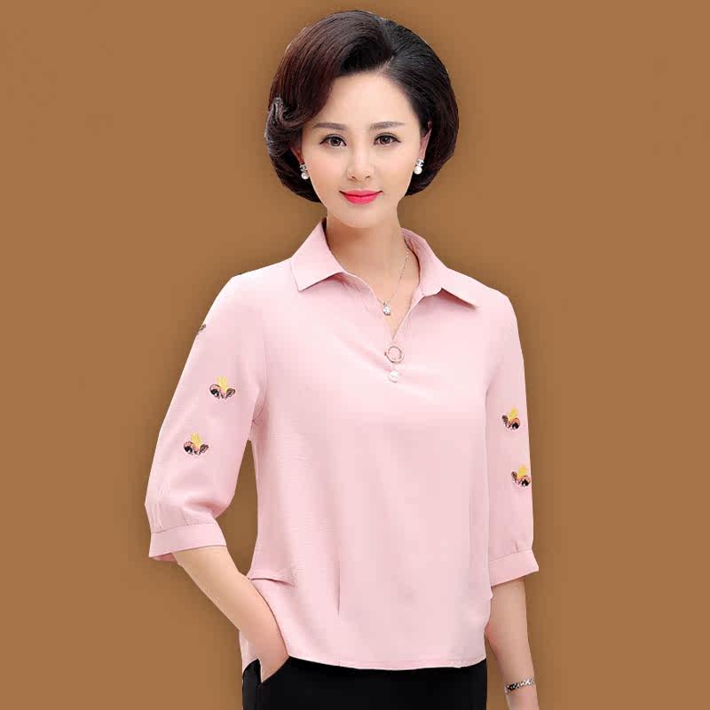母亲节妈妈夏装短袖翻领雪纺t恤40岁50中年女夏季衬衫上衣服洋气