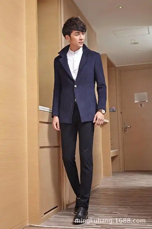 韩版男西装2014秋冬新款毛呢西装男士中长款修身男外套休闲男西服