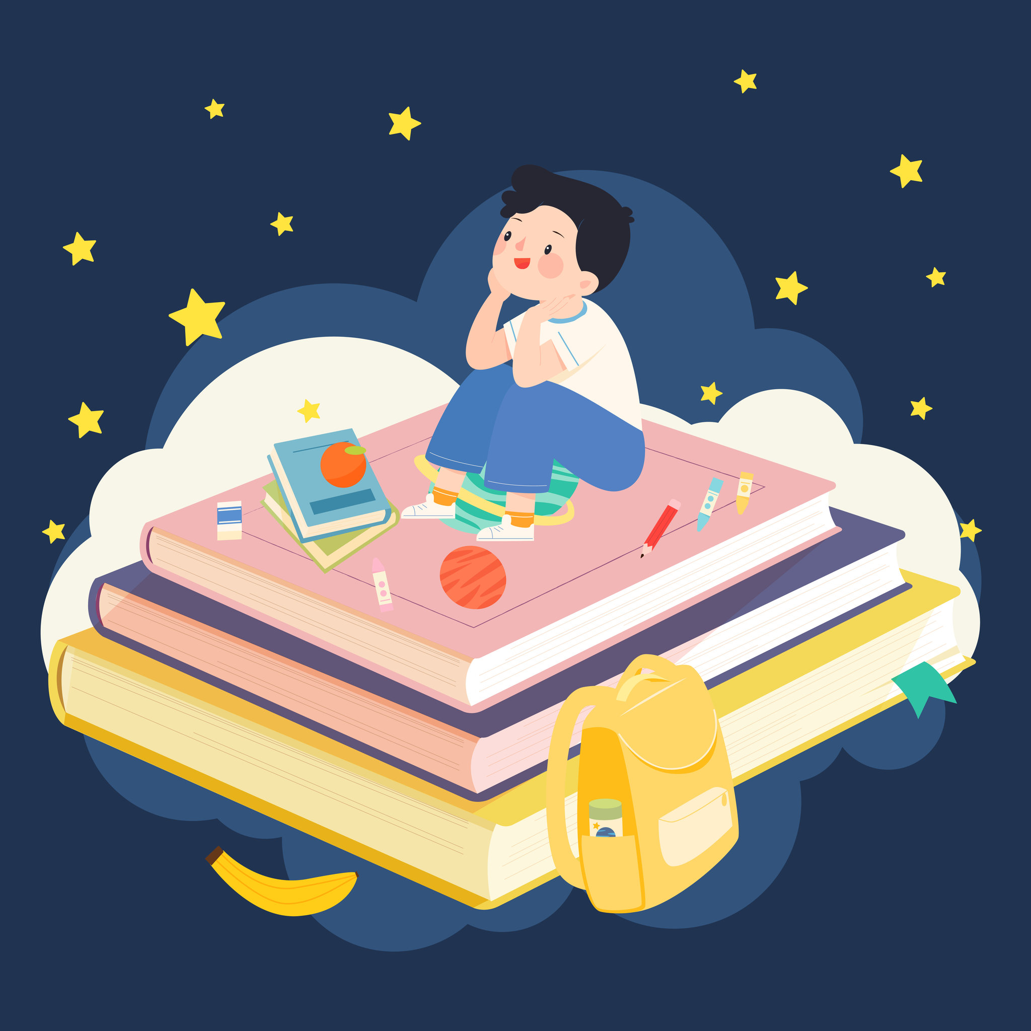 男孩坐在书上仰望星空矢量插画方图