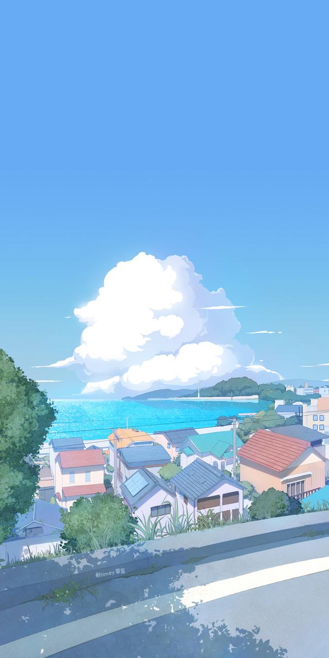 日系插画壁纸,唯美宁静的海边小镇