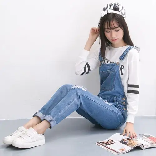 2016春季新款文艺超减龄宽松版破洞牛仔背带裤哈伦休闲裤长裤女潮