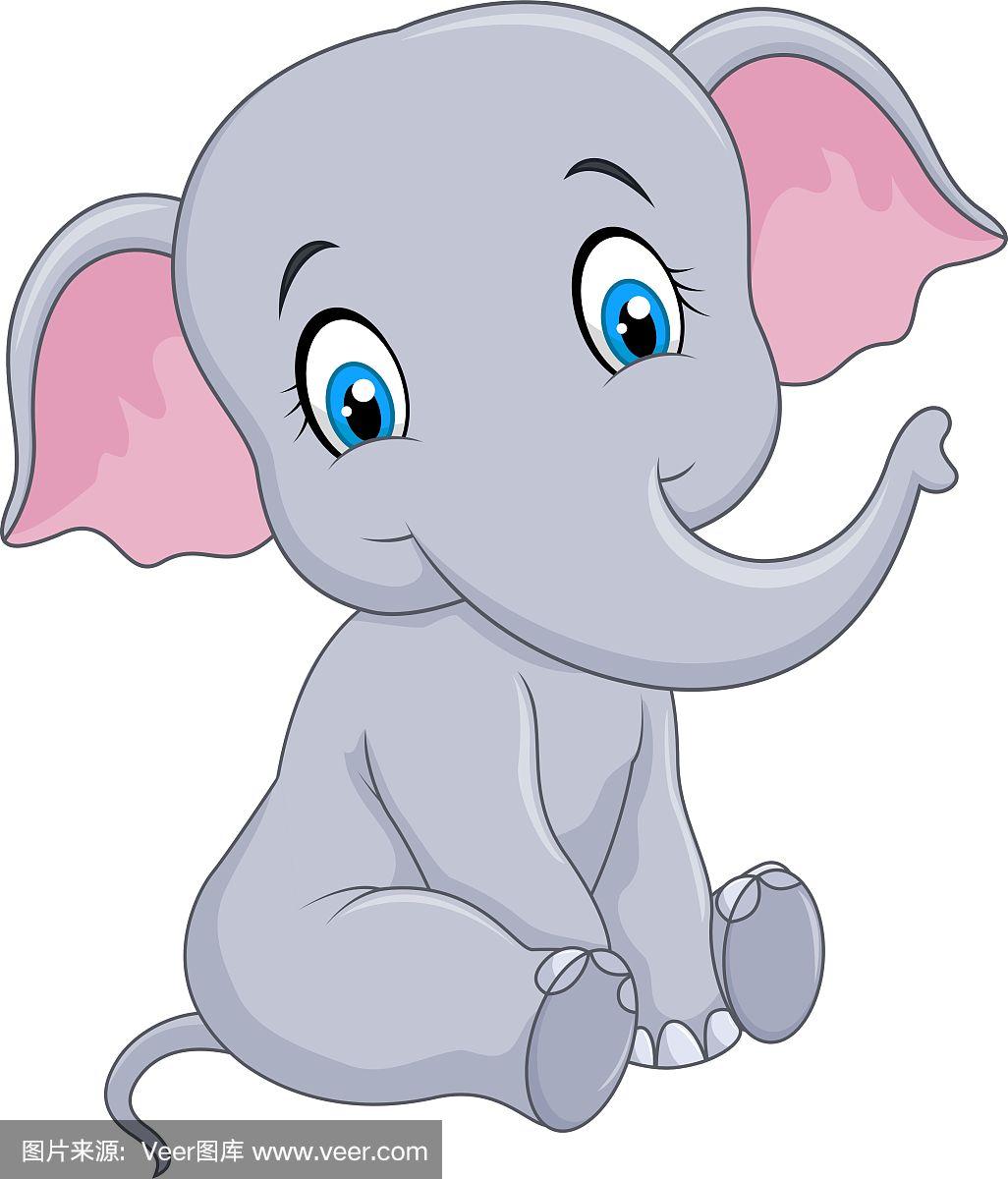 卡通有趣的小象孤立地坐着