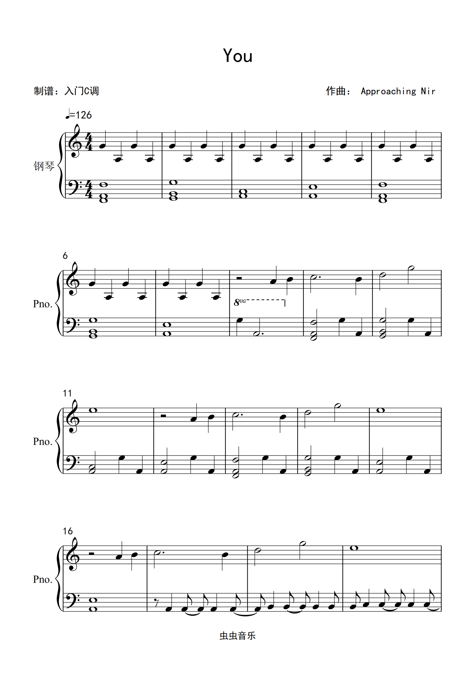 approaching nirvana《you》c调简单版钢琴谱-虫虫钢琴