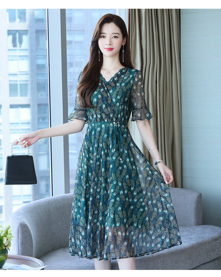 实拍中年妈妈夏装雪纺裙子洋气短袖新款40岁50中老年女装夏连衣裙