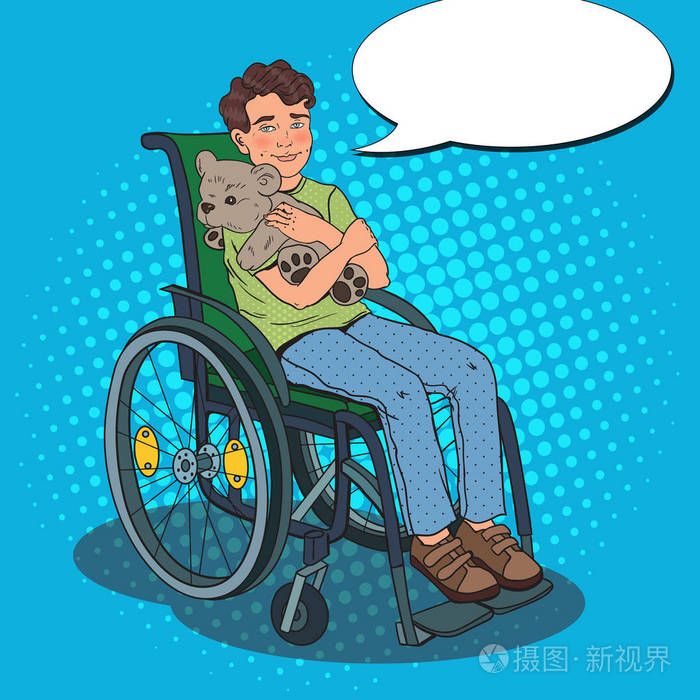 快乐的残疾的男孩,坐在轮椅上.波普艺术矢量图
